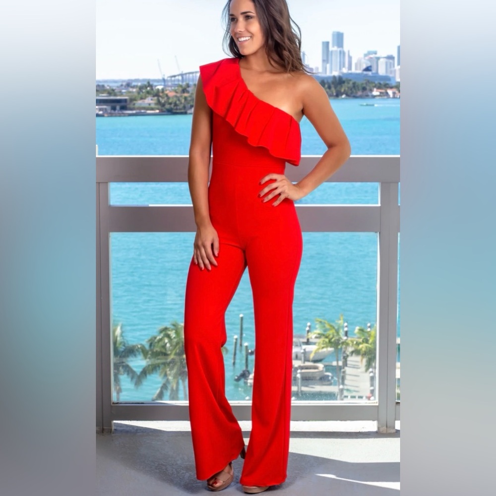 Saved by the Dress Red One Shoulder Ruffle Jumpsuit